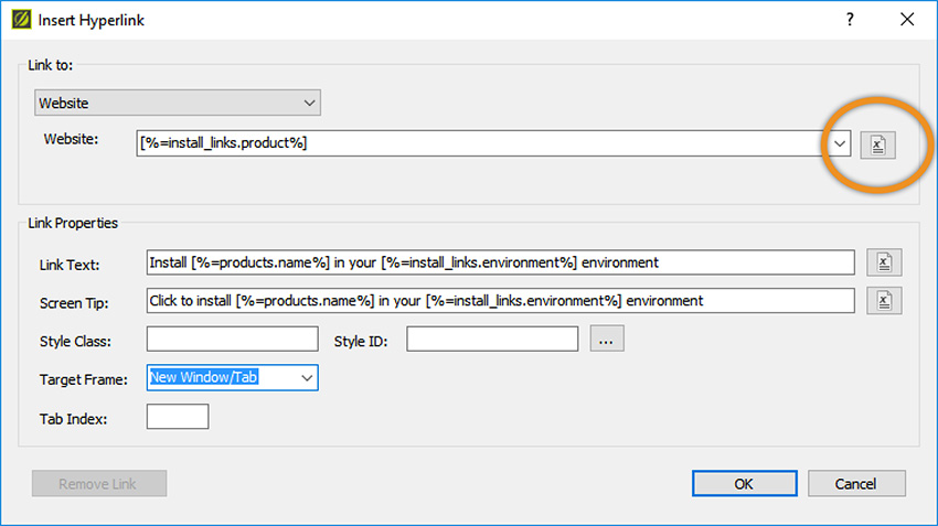 Insert Hyperlink dialog