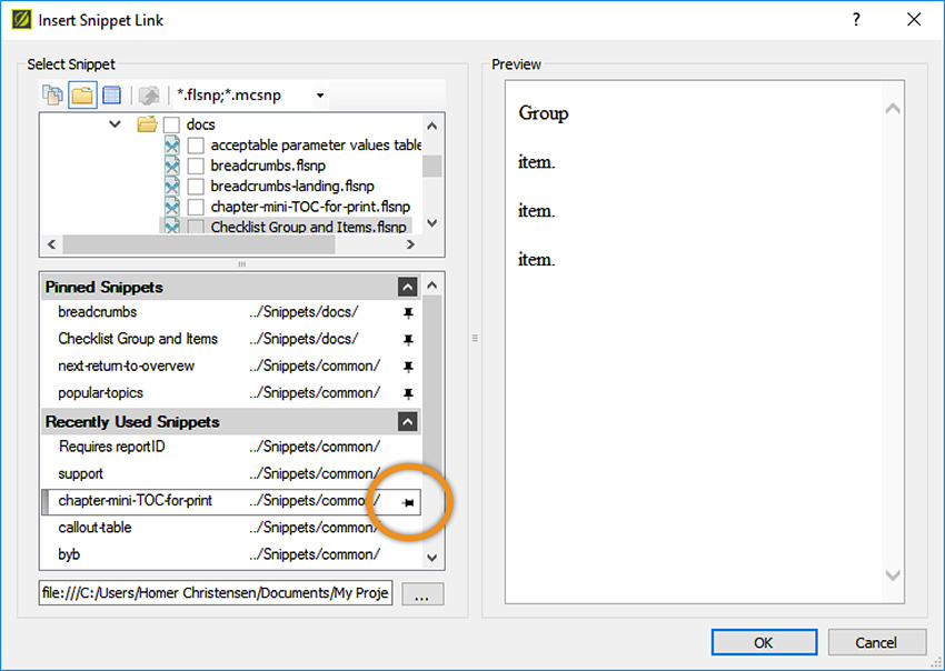 Insert Snippet Link dialog