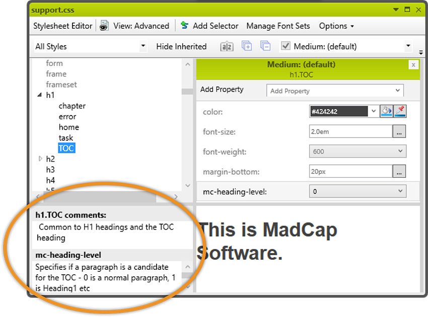 In-context help in the Stylesheet Editor