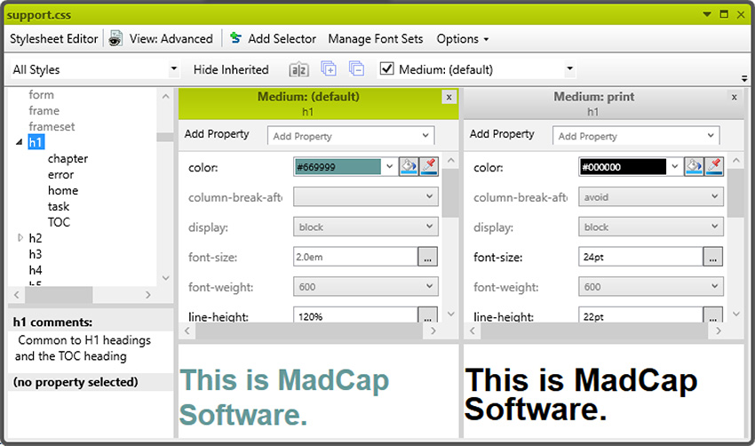 Two mediums being shown in the Stylesheet Editor
