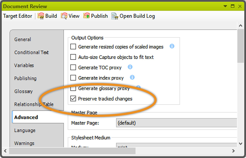 Document Review window showing Preserve tracked changes settings