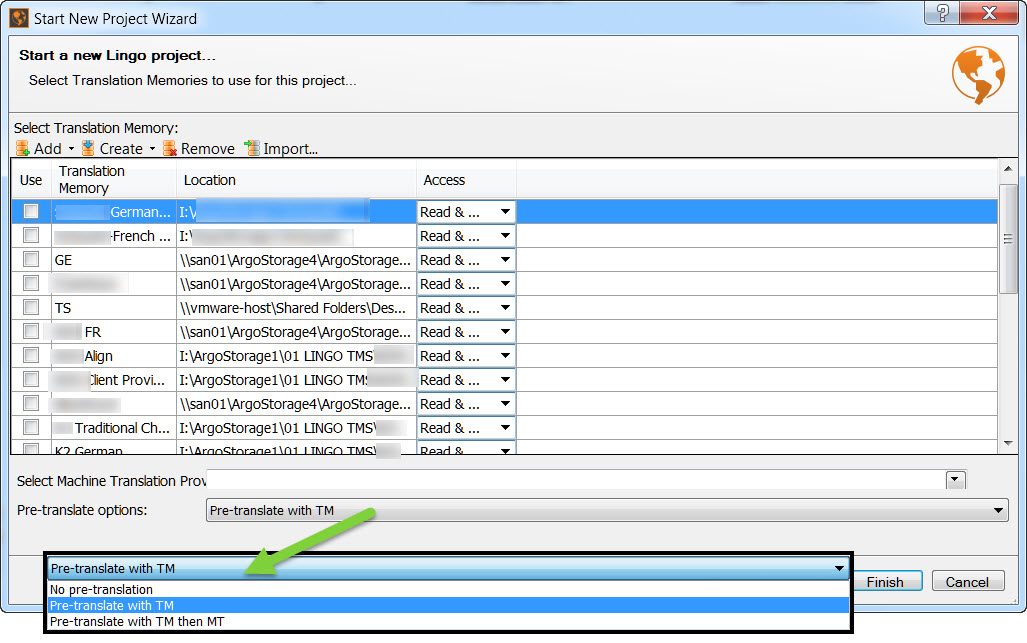 screenshot of pre-translation option from the New Project Wizard screen