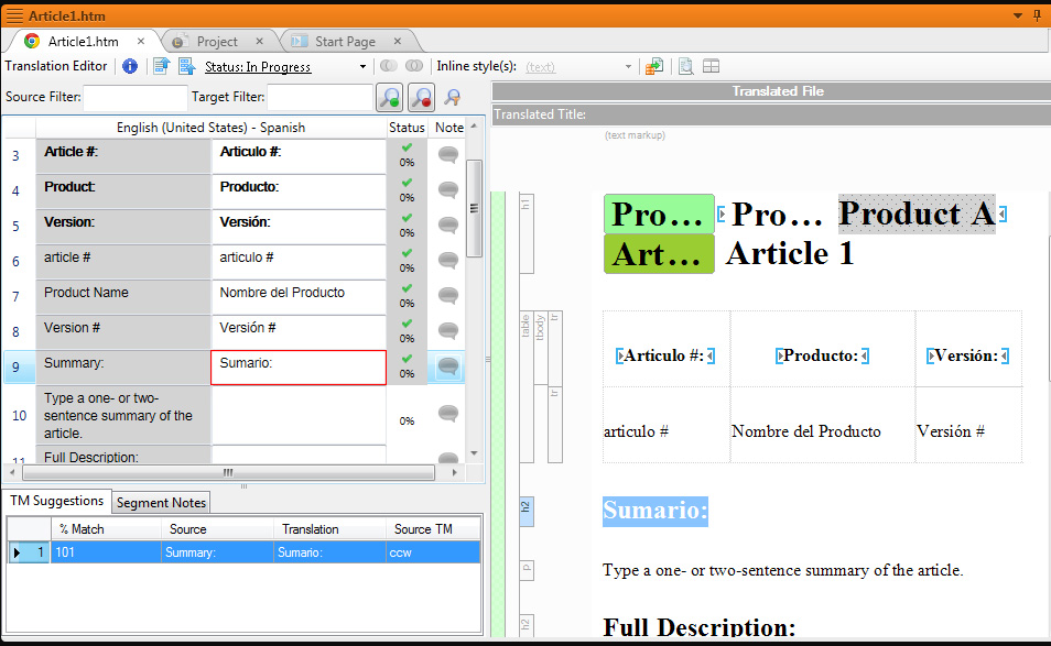 screenshot of the MadCap Lingo 9 Translation Editor screen