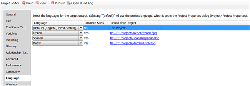 Screenshot of the MadCap Flare Language tab