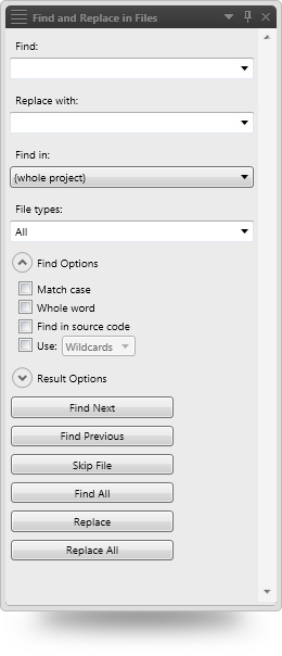Screenshot of the MadCap Flare Find and Replace Panel