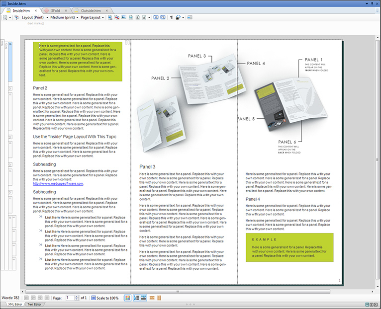 The 3-fold brochure sample, as viewed in the XML Editor
