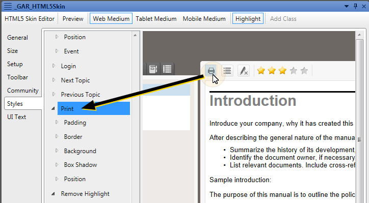 Clicking an element on the sample skin jumps to the associated style