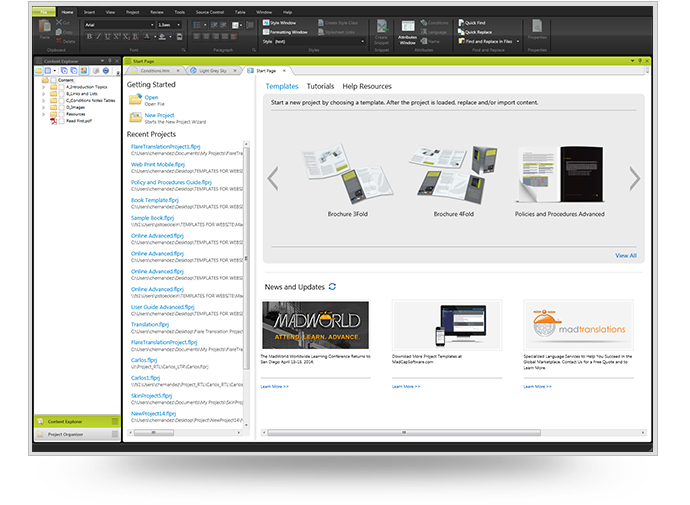 Screenshot of the MadCap Flare start page and templates tab