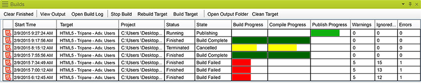 Screenshot of the Build Window showing build statuses