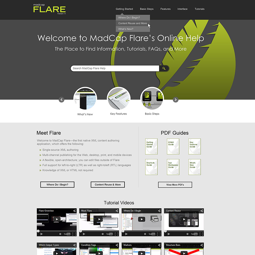 Screenshot of MadCap Flare's frameless output with a top nav