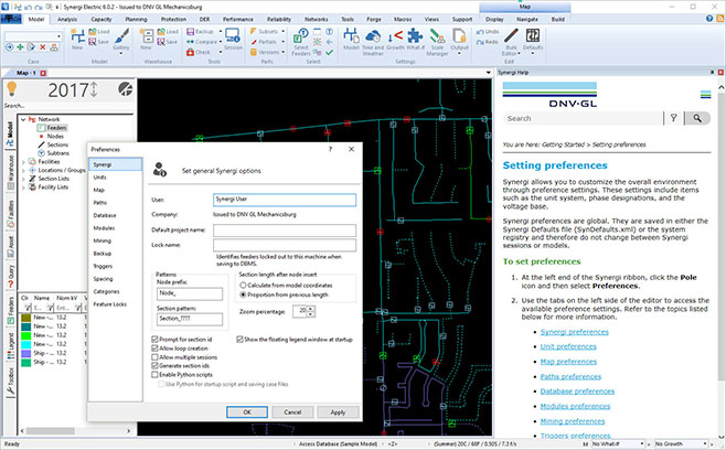 Synergi Electric App screenshot showing settings panel and embedded help