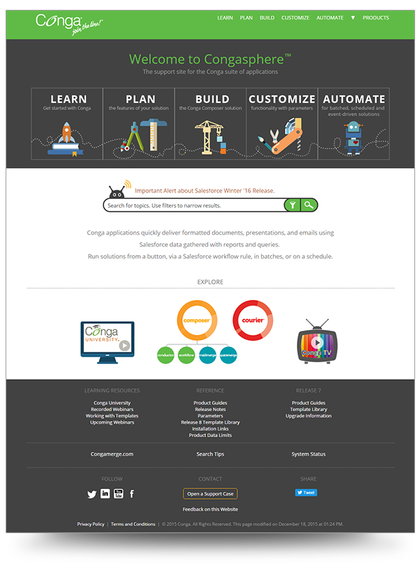 Screenshot of the Conga Support Home Page