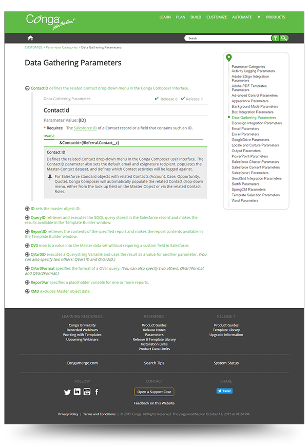 Screenshot of Conga's Data Gathering Parameters topic