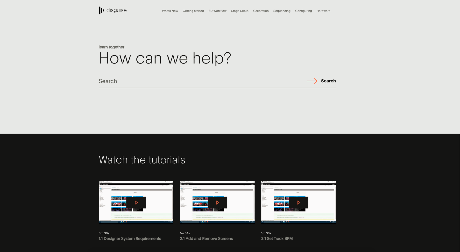 Screenshot of Home Page of disguise one’s HTML5-based Help Site
