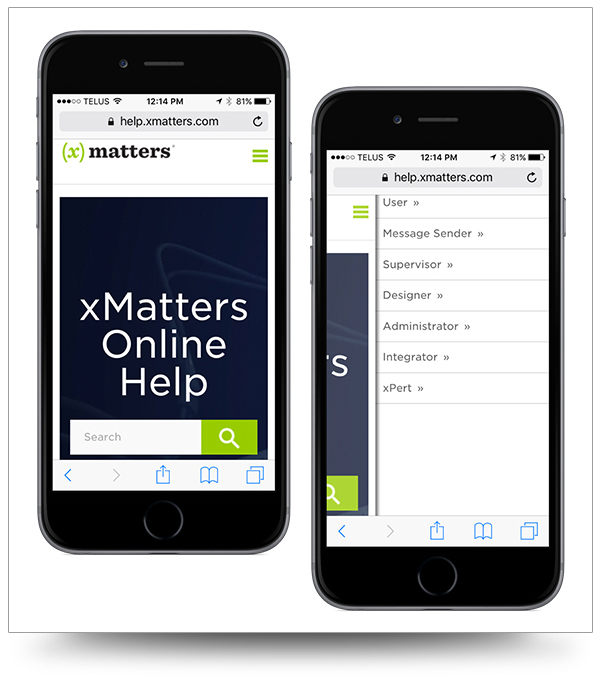 xMatters online help displayed on a mobile phone