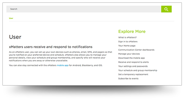 screenshot of related links in the xMatters Online Help