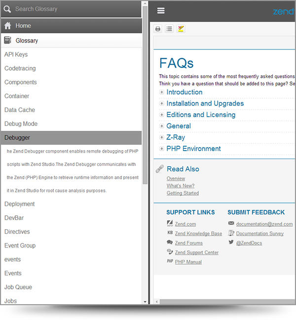 Screenshot of the glossary menu from the Zend Server help system