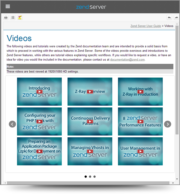Screenshot of slideshow with a video display from the Zend Server online help