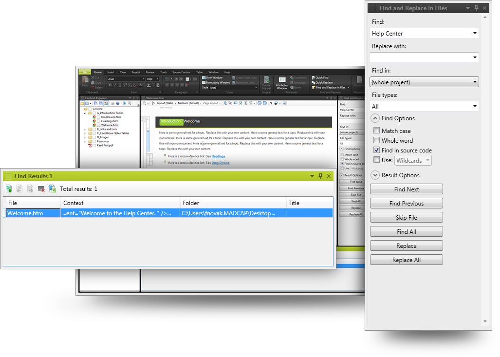 Screenshots showing MadCap Flare Search Tools