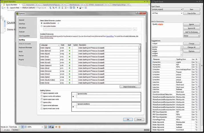 Screenshot of the MadCap Flare Options Window, Spelling Tab